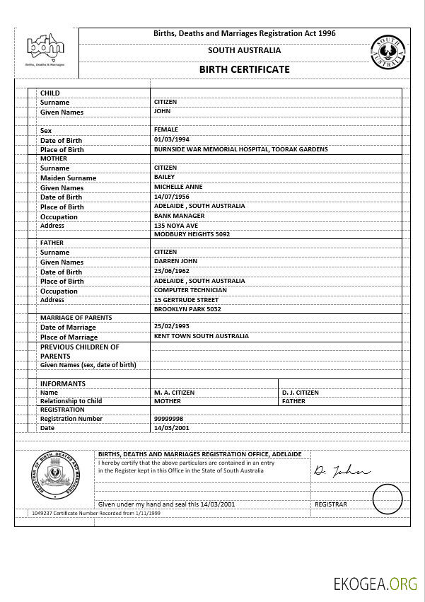 Australie Acte de naissance Australie Méridionale version 1